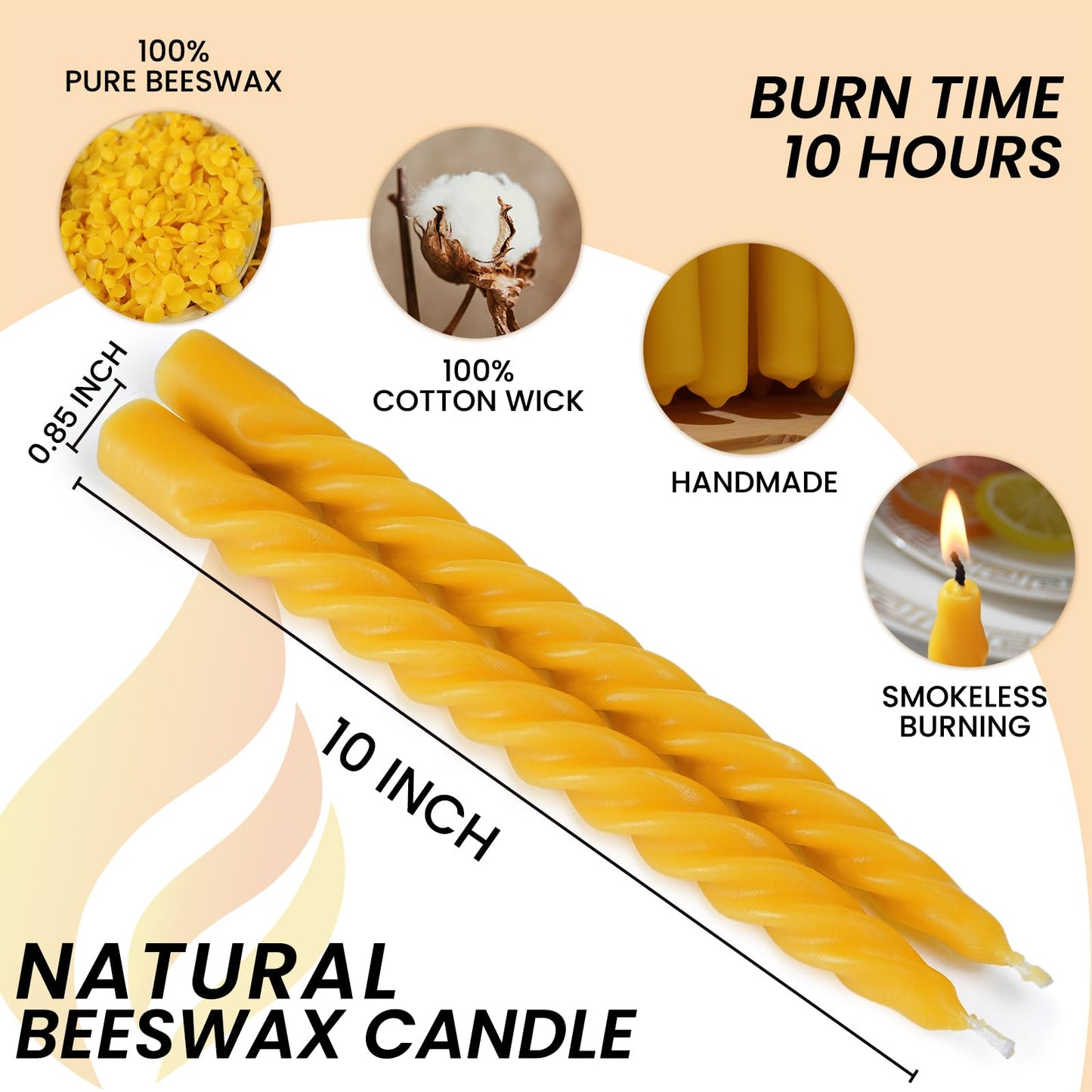 AGLARY 2PCS 10-Inch Pure Beeswax Spiral Taper Candles, Twisted Stick Candles, Dripless & Unscented for Weddings, Christmas, Dinner, Meditation - Natural Yellow