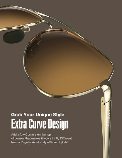 LUENX Men Women Aviator Sunglasses Polarized Shades Flexible Spring Hinge - Brown Lens Gold Metal Frame Large 60mm