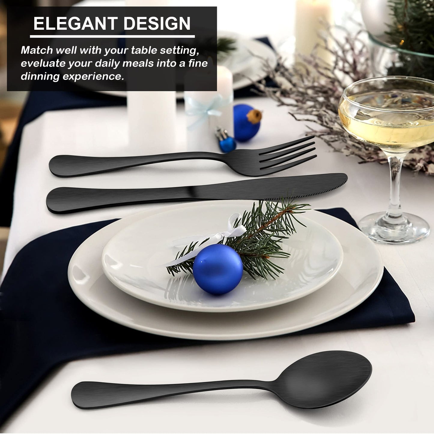 LIANYU 16-Piece Matte Black Forks and Spoons Silverware Set, 8 Dinner Forks and 8 Teaspoons, Stainless Steel Black Flatware Cutlery Set for Home Kitchen Hotel, Satin Finished, Dishwasher Safe