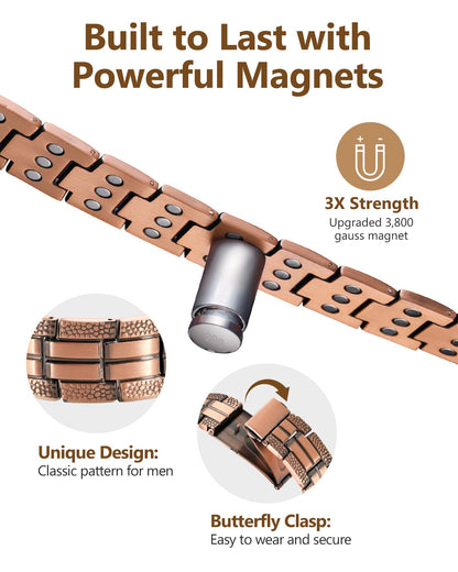 Feraco Copper Bracelet for Men 3X Strength,Magnetic Therapy Bracelet Copper Jewelry with Powerful 3800 Gauss Magnets,Premium Fold-Over Clasp