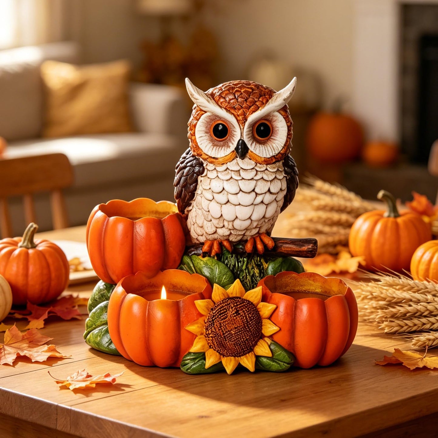 Fall Owl Candle Holder with 3 Pumpkin Tealight Holders & Sunflower, Rustic Owl Statue Thanksgiving Table Centerpieces Autumn Decorative Candle Holders for Home, Farmhouse