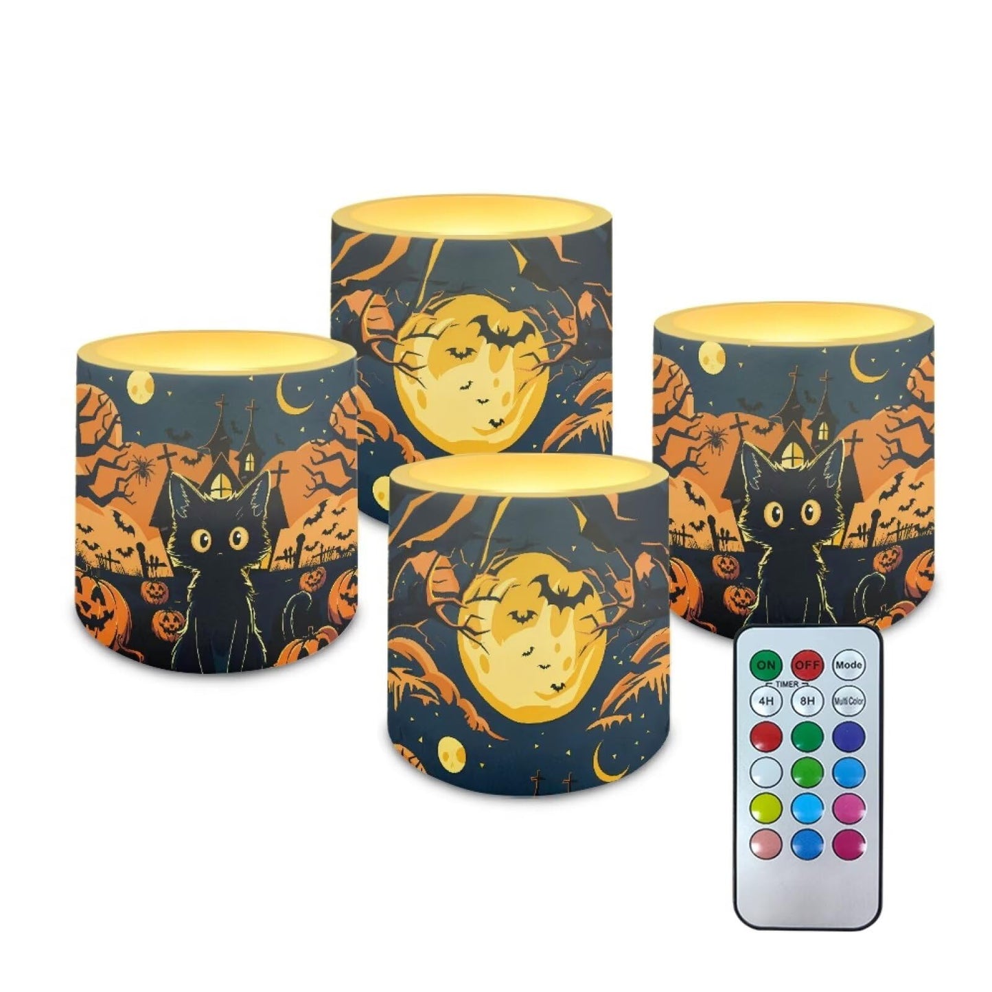 Merkmak Pack of 4 Flameless Candles Halloween Battery Operated Candles with Remote and Timer Flickering LED Elictric Pillar Tealights for Indoor Outdoor Party Decorations, Pumpkin Black Cat