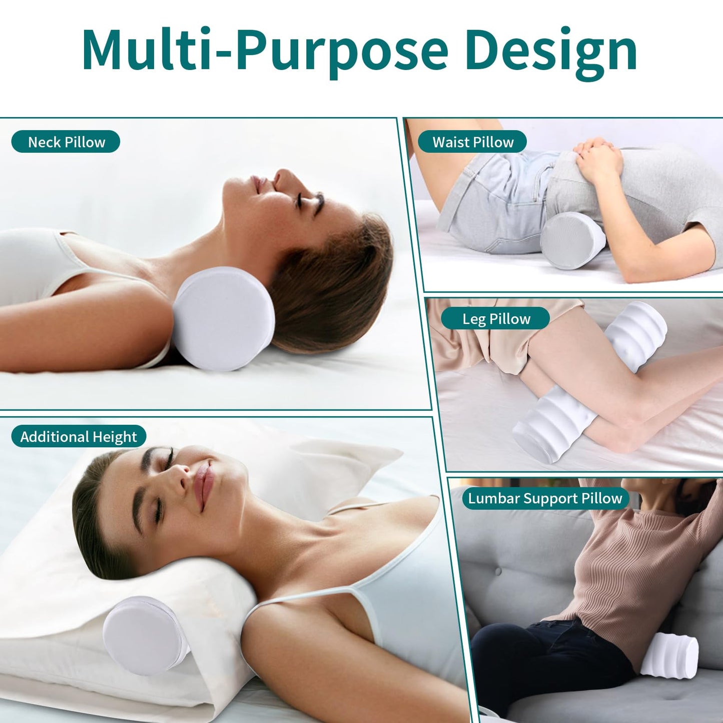 onesmile Cervical and Roll Neck Pillow-2 in 1 Removable Ergonomic for Pain Relief, Support for Sleeping, Memory Foam for Side, Back & Stomach Sleepers (White)