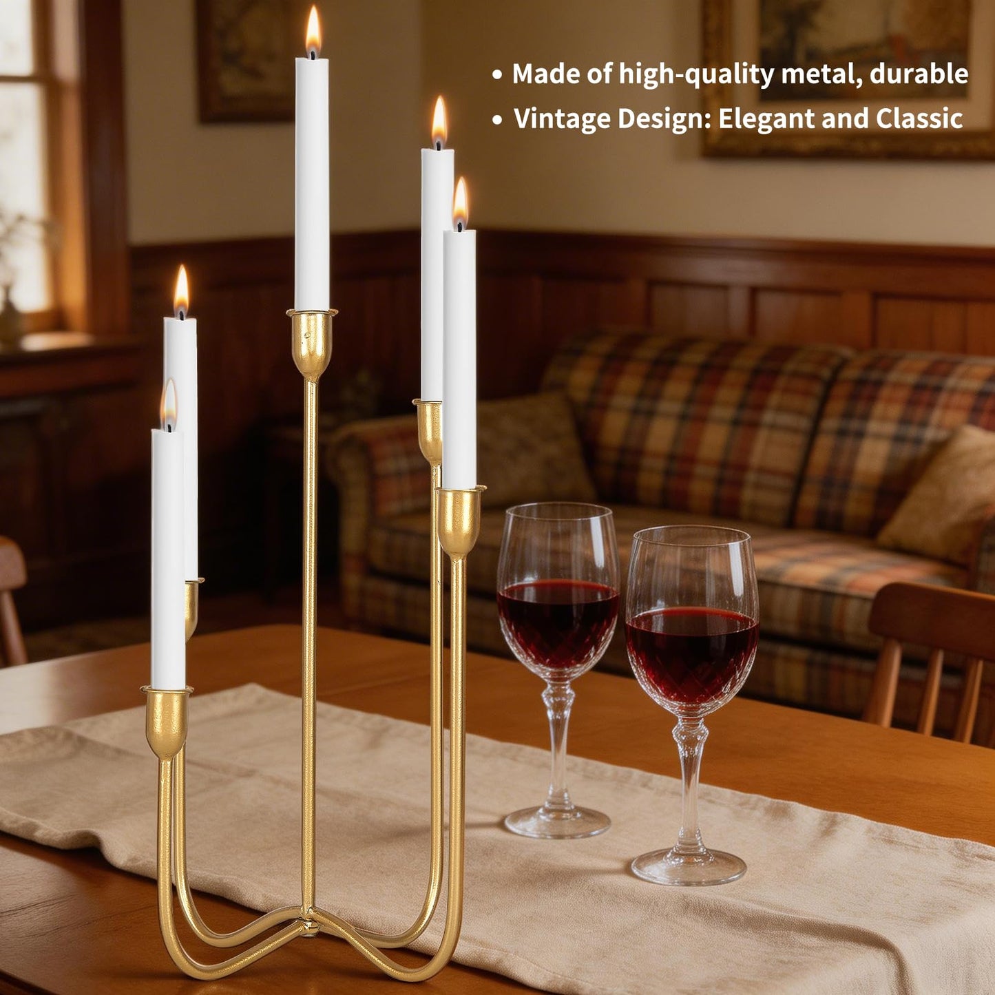 Vrnikhub 5 Arms Cast Iron Metal Candelabra, 15 Inch Tall Antique Brass Candlestick Holders, Tabletop Candle Stand for Wedding Events Dining Room Decor, Fits Taper & LED Candles