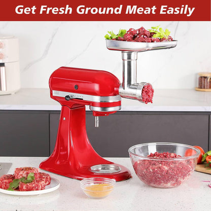 Durable Meat Grinder & Slicer Shredder Attachments Set for Kitchenaid Mixers,Dishwasher Safe Stainless Steel Packs with Cheese Grater & Sausage Stuffer Accessories