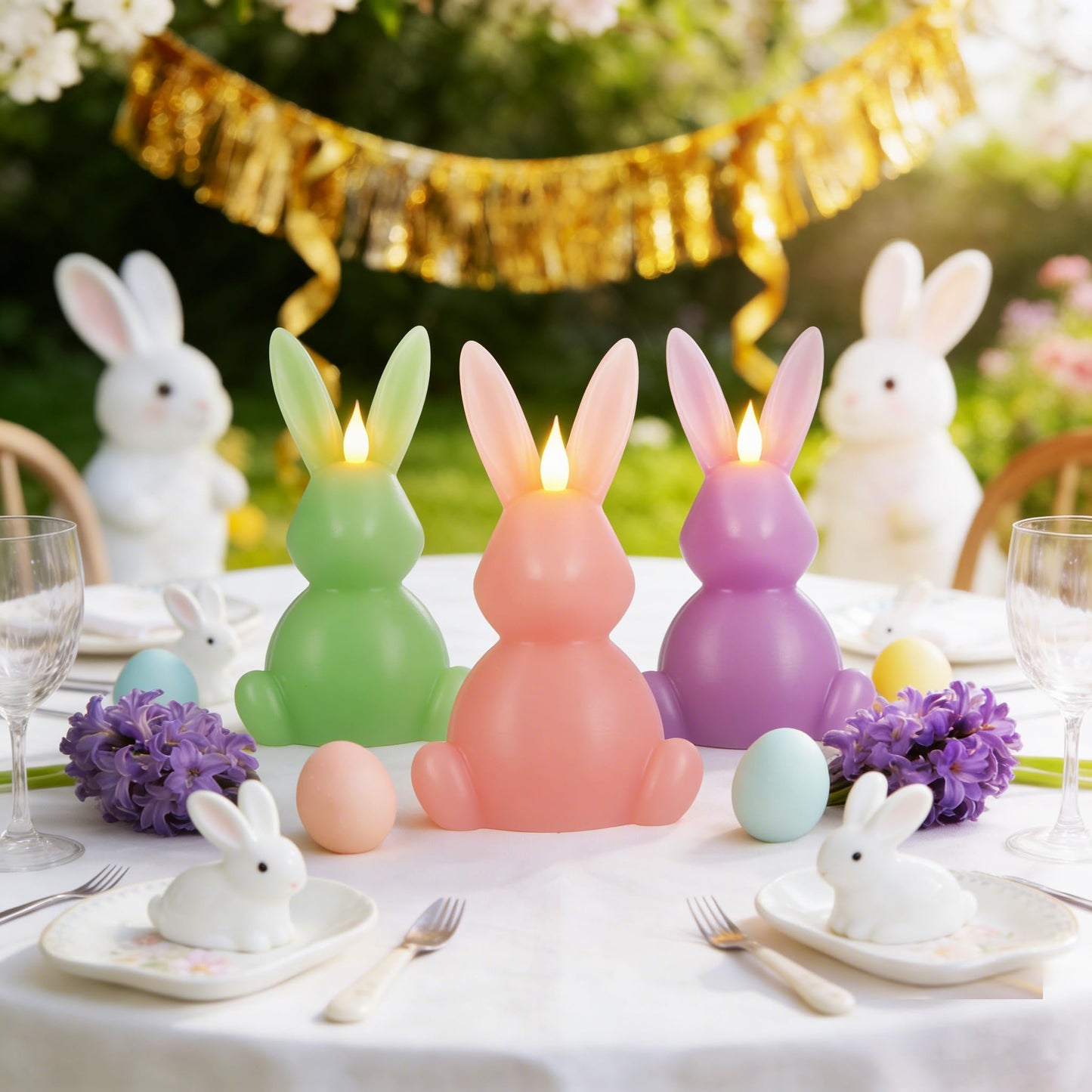 Leorate 3PCS Easter Bunny Flameless Candles – 7.5" Battery Operated LED Rabbit Candles with Flickering Flame, Green Purple Pink Real Wax Finish for Easter Decor, Table Centerpiece & Spring Home