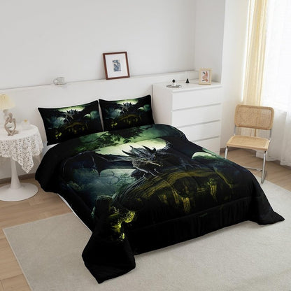 Erosebridal Flying Dragon Bedding Print for Boys Girls Room Decor - Dragon Bedding King, Exotic Dragon Comforter Set Tropical Rainforest Quilt Soft Microfiber Duvet Insert with 2 Pillow Cases