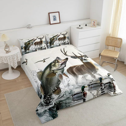 Feelyou Boys Girls Deer Pike Fish Duvet Insert Twin Size, Bass Big Fish Comforter Set Fishing and Hunting Bedding Set Kids Teens Bedroom Decor Bed Set 2Pcs