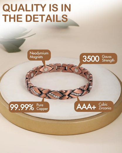 Feraco Copper Bracelet for Women 99.99% Solid Copper Magnetic Bracelets, Unique X Shape Links, Magnetic Field Therapy Jewelry Gifts (X with Crystals)