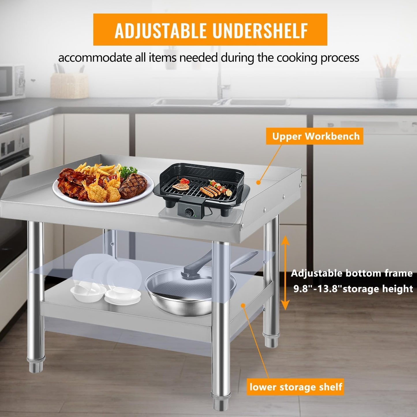 ExploreHorizon Stainless Steel 36x28x24 Inch Equipment Grill Stand Table, 660 Lbs Top & Bottom Shelf, Adjustable Legs, 2" Edge Baffle, for Hotel, Home, Commercial Restaurant Kitchen