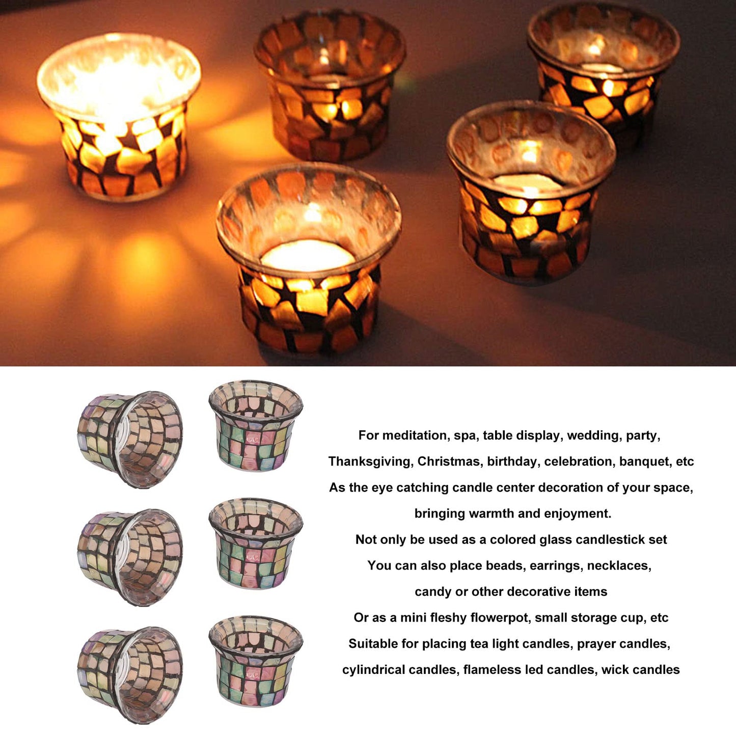 Jeanoko Mosaic Tealight Holder Set of 6 Solid Glass Candle Holder Cups for Wedding Table Centerpiece Meditation Decor Brown for Tealights Prayer Candles and Mini Planters