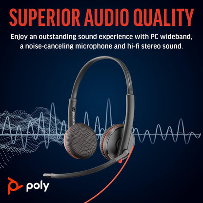 Poly Blackwire 3225 Wired Headset (Plantronics) - Noise-Canceling Mic – Stereo Design - Connect to PC/Mac/Mobile via USB-C, USB-A, or 3.5mm - Works w/Teams, Zoom - Amazon Exclusive