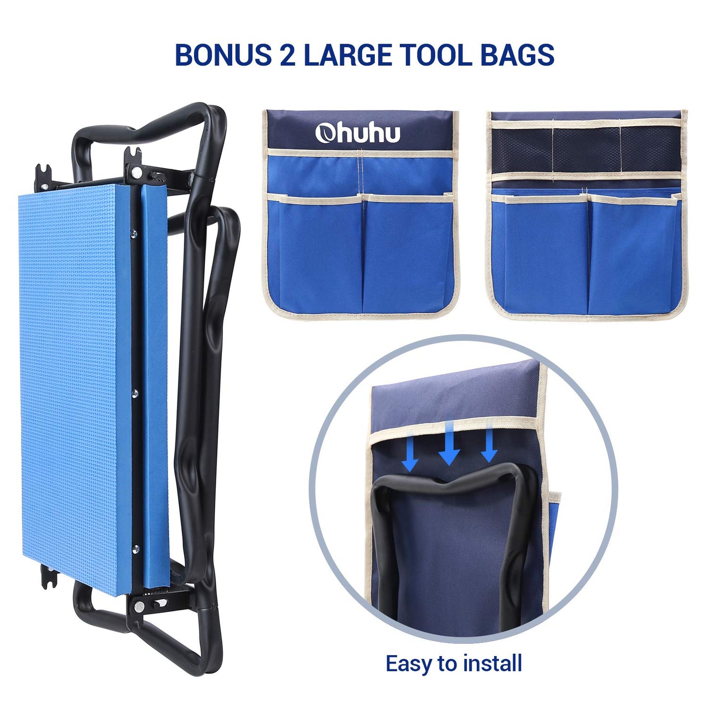 Ohuhu Garden Stool Garden Kneeler and Seat, Foldable Gardening Bench Heavy Duty with Thicker Wider Kneeling Pad 2 Large Tool Pouches Gifts for Fathers Day Men Gardener Parents Elders Friends