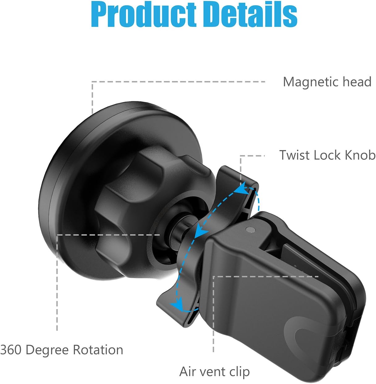 WixGear Universal Twist-Lock Air Vent Magnetic Car Mount Holder for Cell Phones with Fast Swift-snap Technology – Supports Devices up to 14oz