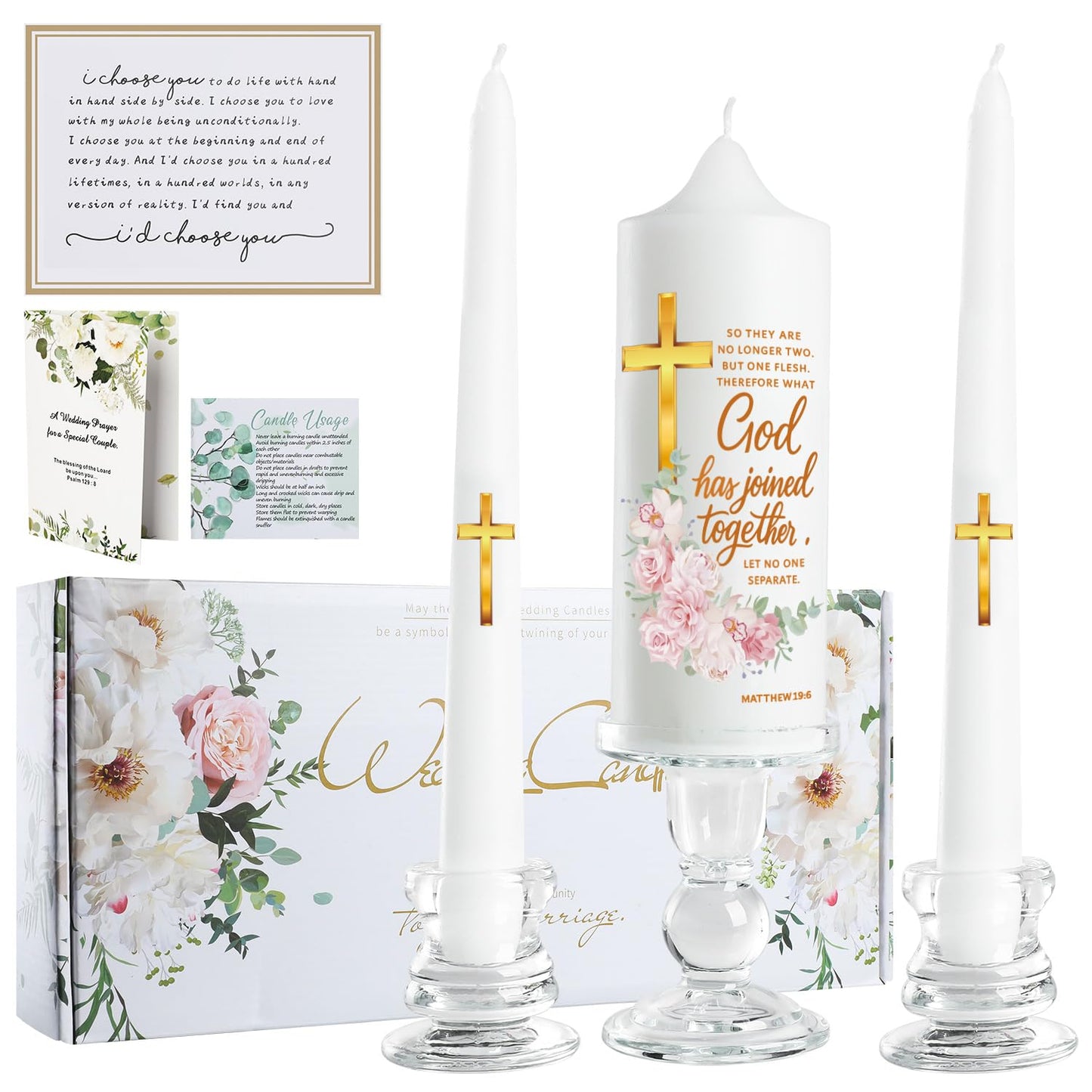 Extrogif Unity Floral Candles with Holder for Wedding Ceremony – Wedding Candle Set with Glass Holders – Elegant Pillar Candles with a Gold Cross and the Matthew 19:6 Verse