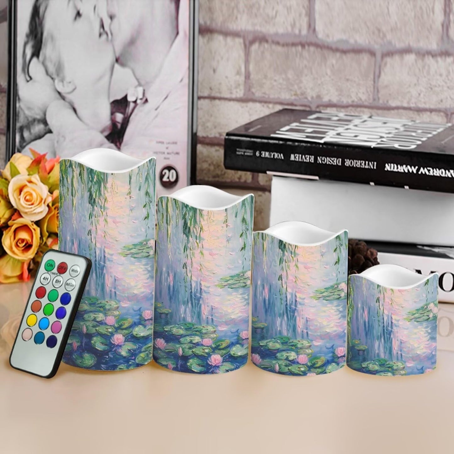 Cozeyat Garden Floral Valentines Day Flameless Candles Set of 4 Battery Powered LED Pillar Candles with Remote Timer Flickering Flame for Home Table Decor