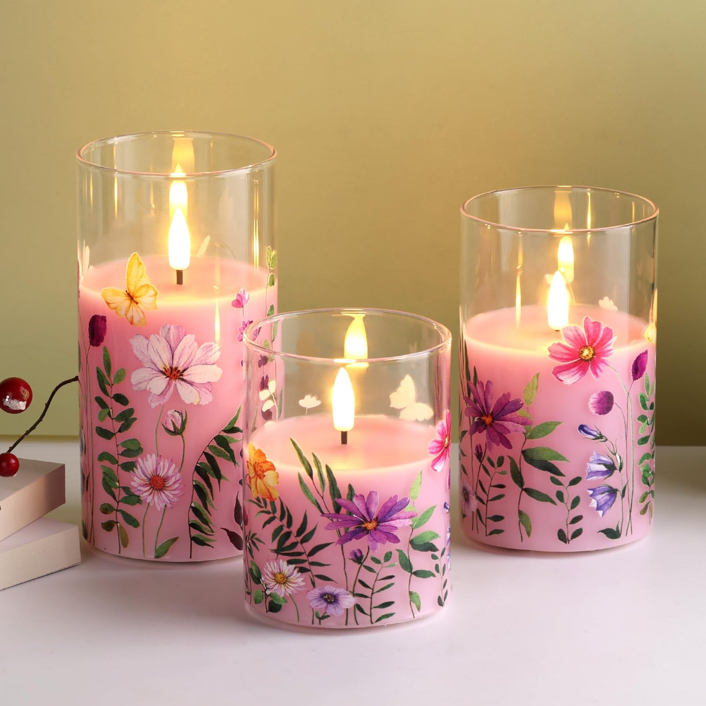 Eywamage Pink Floral Glass Flameless Candles with Remote, Flickering Spring LED Pillar Candles Battery Operated Home Decor Set of 3