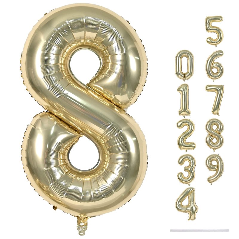 Champagne Gold 8 Balloons, 40" Giant Helium Foil Number 0-9 Light Gold Birthday Balloon for Boys Girls, Self Inflating Digit 8 Balloons for Women Men Anniversary Graduation Party Decorations Supplies