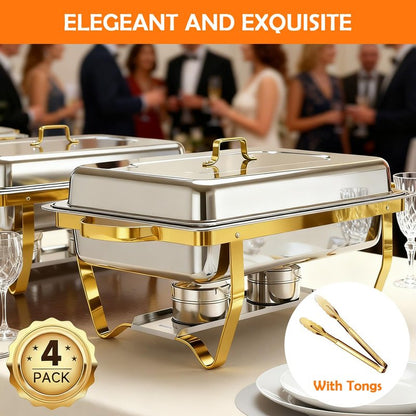 ALSO GO Chafing Dishes for Buffet, Rectangular Chafing Dish Set with 4 Serving Tongs, 9QT 4 Pack Gold Chafing Dishes for Buffet, Party, Gatherings, Banquets, Weddings