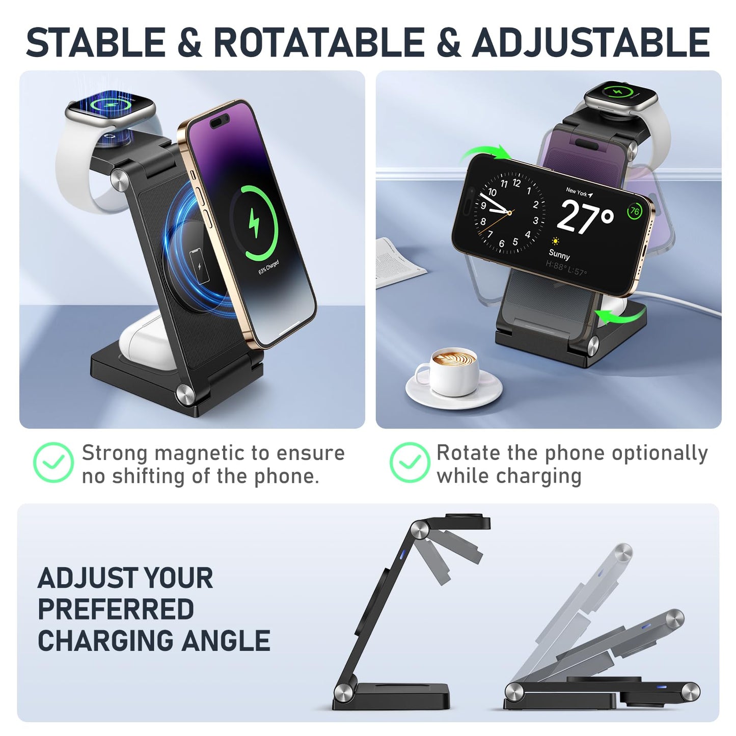 Magnetic Wireless Charger Stand, 3 in 1 Foldable Wireless Charging Station with 20W Adapter, Travel Charger for Multiple Devices for iPhone 17 16 15 14 13 12 Pro/Max/Plus/Mini, iWatch, AirPods