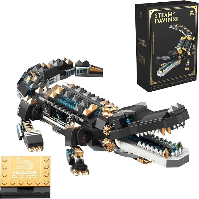 Mechanical Alligator Building Set 541 Pieces Steampunk Crocodile Model Kit with Golden Nameplate Articulated Swamp Beast Construction Toy Cyberpunk Bio-Animal Decor Gift for Adults Teens
