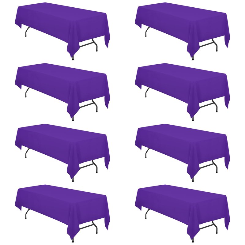 BRILLMAX 8 Pack Purple Tablecloths 60 x 126 Inch for 8ft Rectangle Tables - 150 GSM Polyester Fabric, 15" Standard Drop, Water, Stain & Wrinkle Resistant Cloth Cover for Wedding Dining Buffet