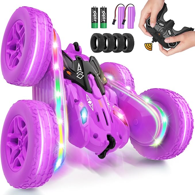 Remote Control Cars for Girls 2.4GHz RC Stunt Car with 360° Flips &amp Double Sided Driving LED Strip Lights and Headlights Changeable Wheels Birthday Gift for 5-12 Year Old Girls (Purple)