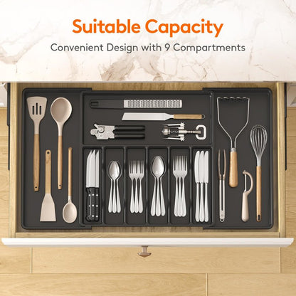 Lifewit Silverware Drawer Organizer, Expandable Utensil Tray for Kitchen, BPA Free Flatware and Cutlery Holder, Adjustable Plastic Storage for Spoons Forks Knives, 18- 33 x 18.5", Black