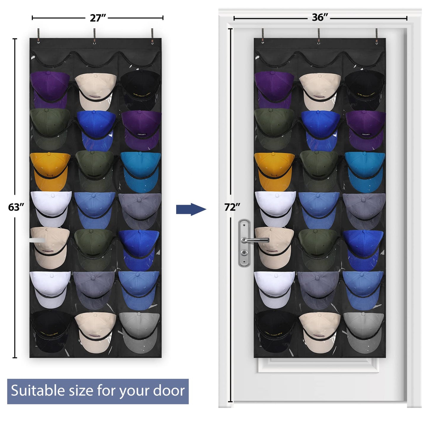 Dofilachy Hat Organizer Racks for Baseball Caps, Visible Hat Holder Rack for Wall Door with 3 Hooks, 24 Deep Pockets