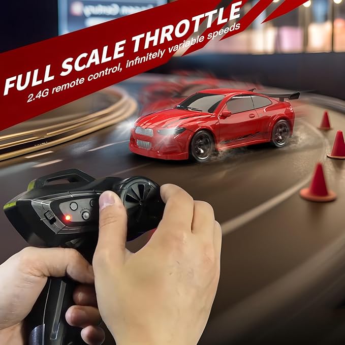 Desktop Mini Size 1:64 Scale 4WD RC Drift Car with Skill-Building Drift Control &amp LED Lights – Learn Drift Techniques Fast Charge Adjustable Throttle 2.4GHz Remote – Blue