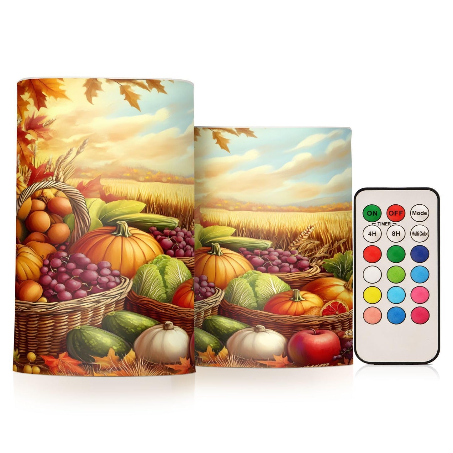 Thanksgiving Autumn Fall Harvest Flickering Flameless Candles Battery Operated with Remote Timer,Tea Light Candles LED Pillar Votive Candles Set of 2 for Outdoor Indoor Decorations