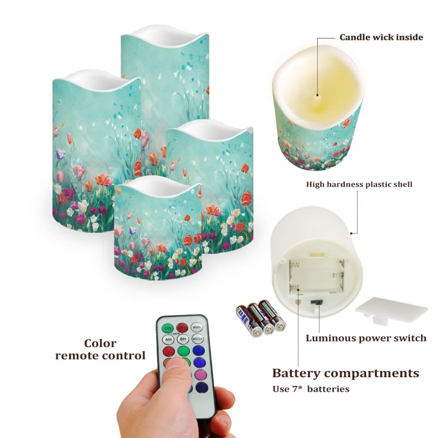 Ystardream 4PCS Flameless Candle Elegant Floral Led Flameless Candles with Remote Fake Candles that Look Real for Home Living Room Bathroom Bedroom Decor Plum Blossoms and Hummingbirds
