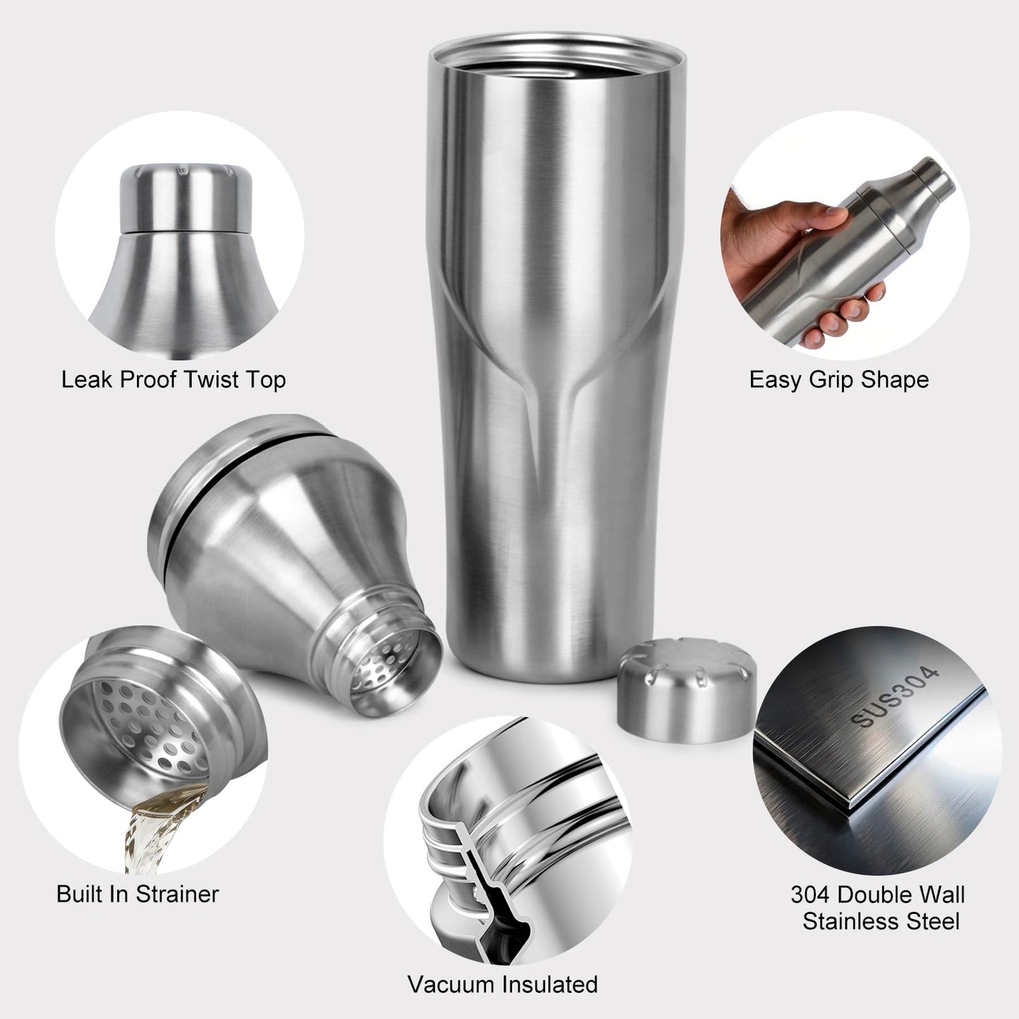 Lexenic 24oz Cocktail Shaker - Insulated Double Wall Keep Drink Chilled - No Stuck Twist Lid,Leakproof and Built-in Strainer - Perfect for Home Bar- Premium Stainless Steel Drink Shaker,Martini Shaker