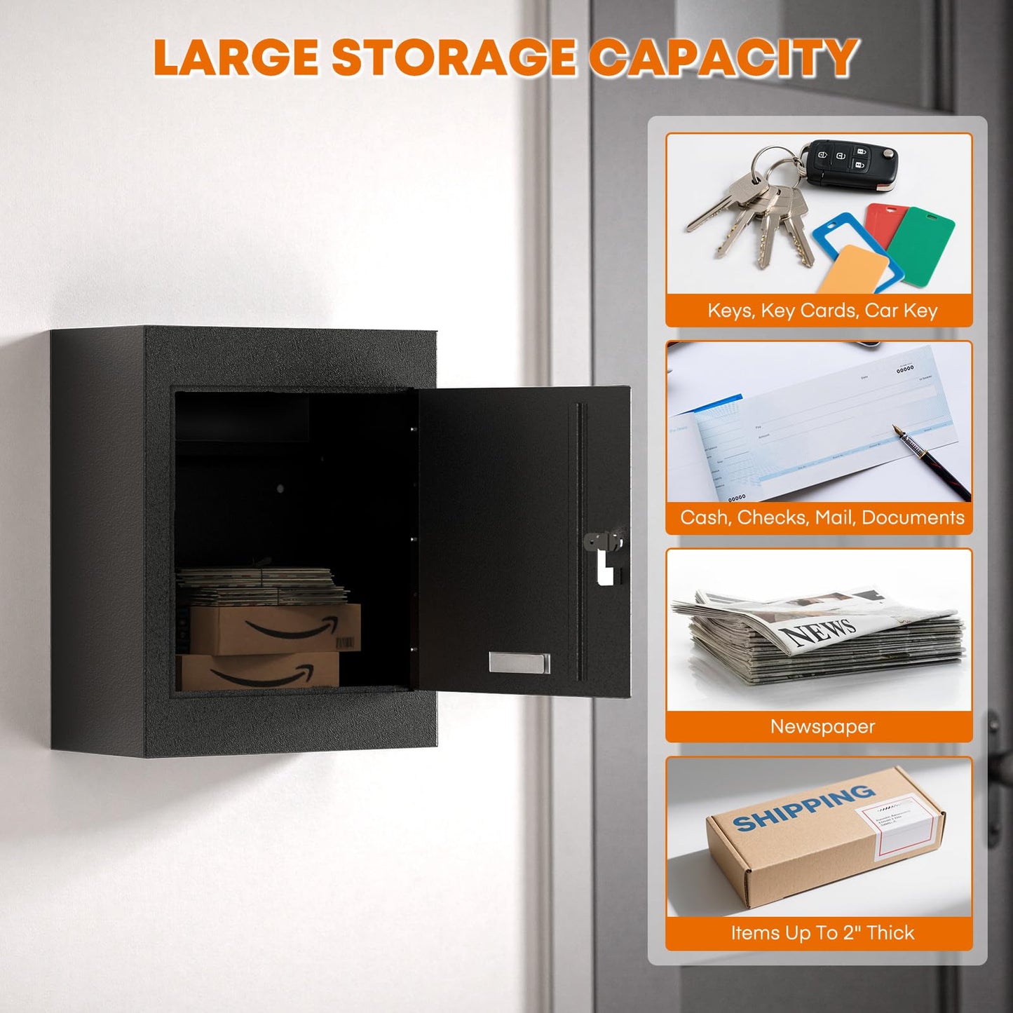 Metateel Through-The-Wall Drop Box with Rainproof Slots, 12.28''x6.4''x14.87'', Heavy Duty Steel Mailbox with Key Lock and 6.63"-11.7" Adjustable Chute, for Mail, Checks, Letters, Cash (Black)