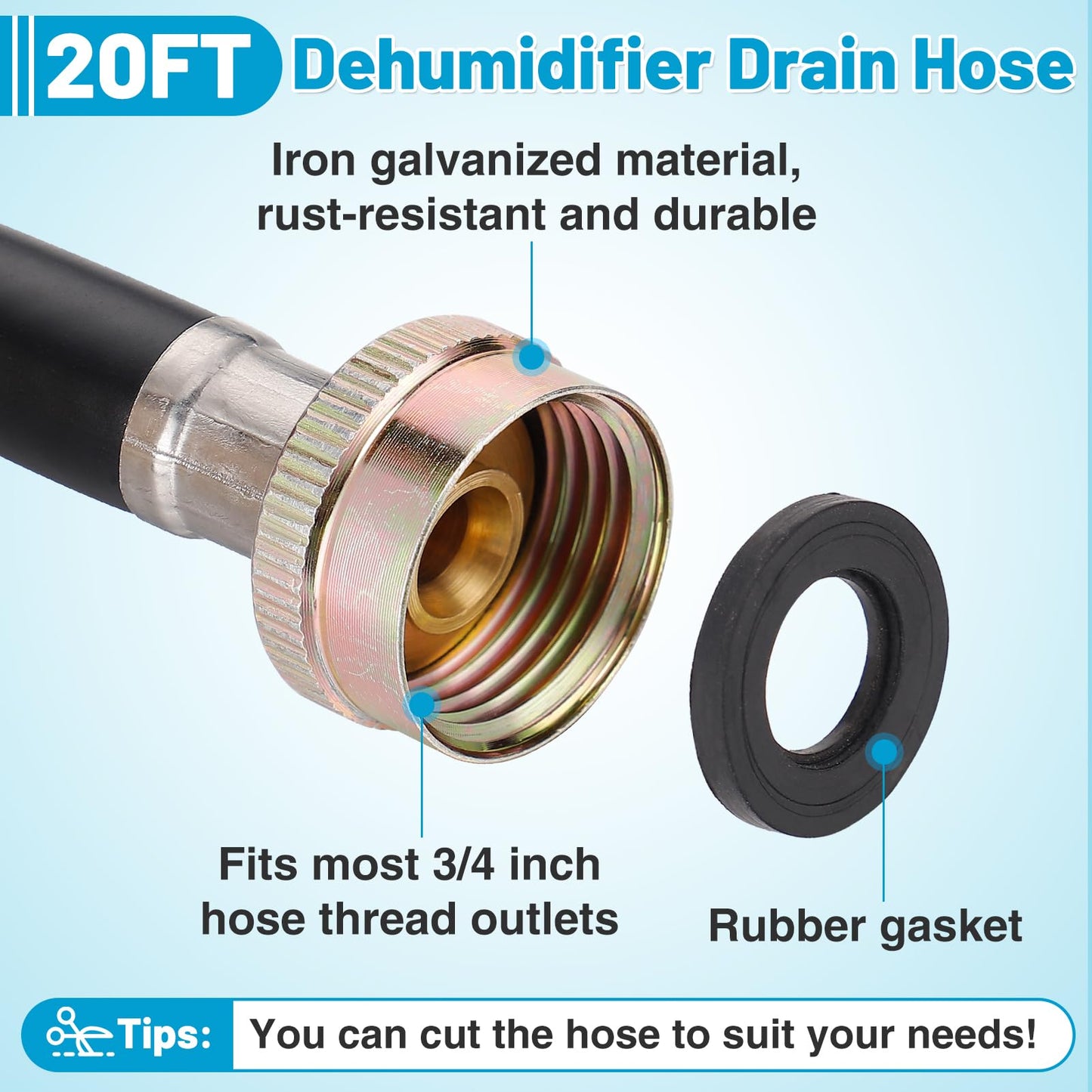 20 FT Extra Long Leakproof Dehumidifier Drain Hose - Thickened Dehumidifier Hose with Rustproof 3/4" FHT Connector Fits Most of Dehumidifiers for Large Space Basement Warehouse