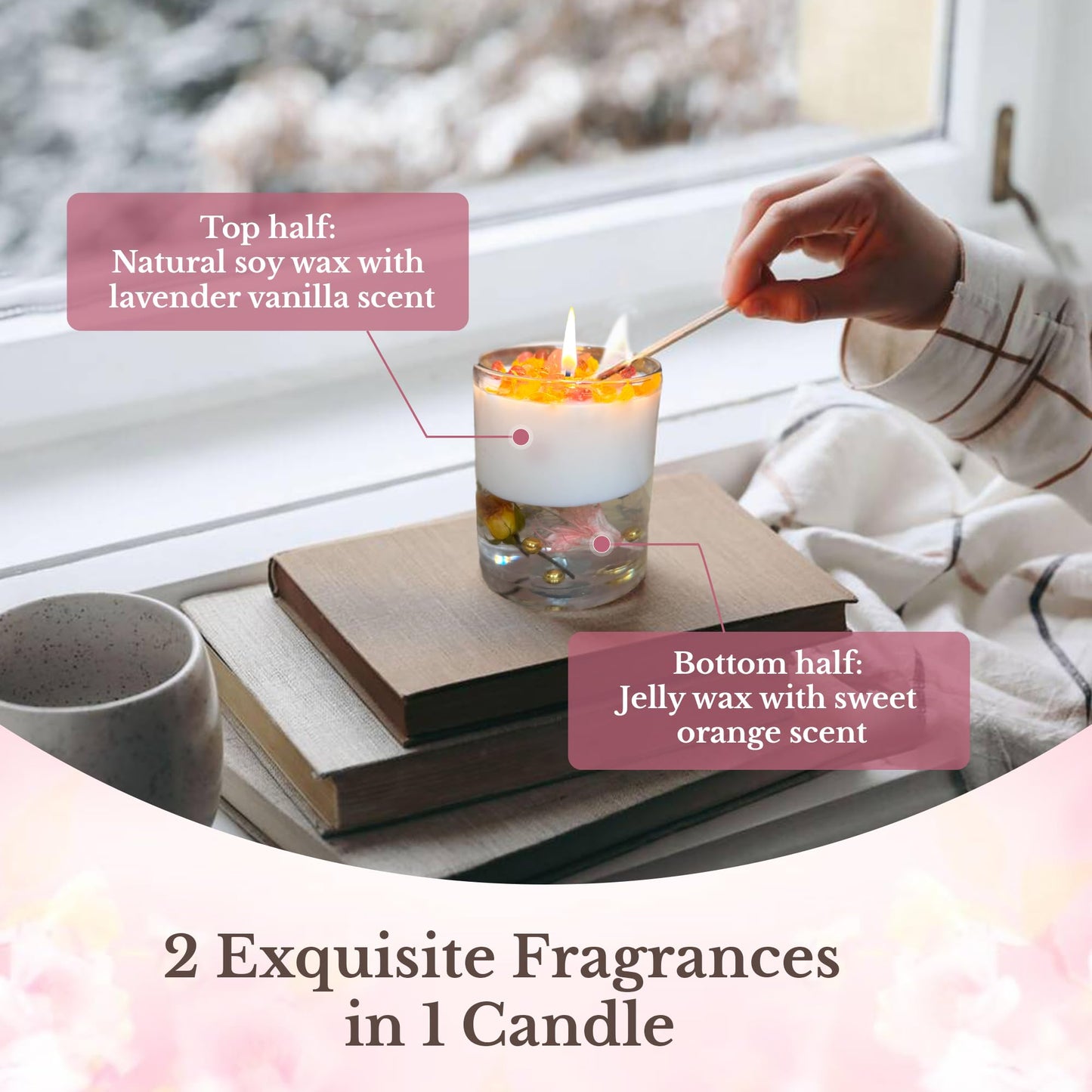 Moira's Bazaar Dual Scented 11 oz Candle, 50+ Hours Burn, Fall Scented - Lavender Vanilla & Sweet Orange, Hand Crafted Aromatherapy,Soy,Jelly,Dried Flowers,Positive Penguin, Gift for Women