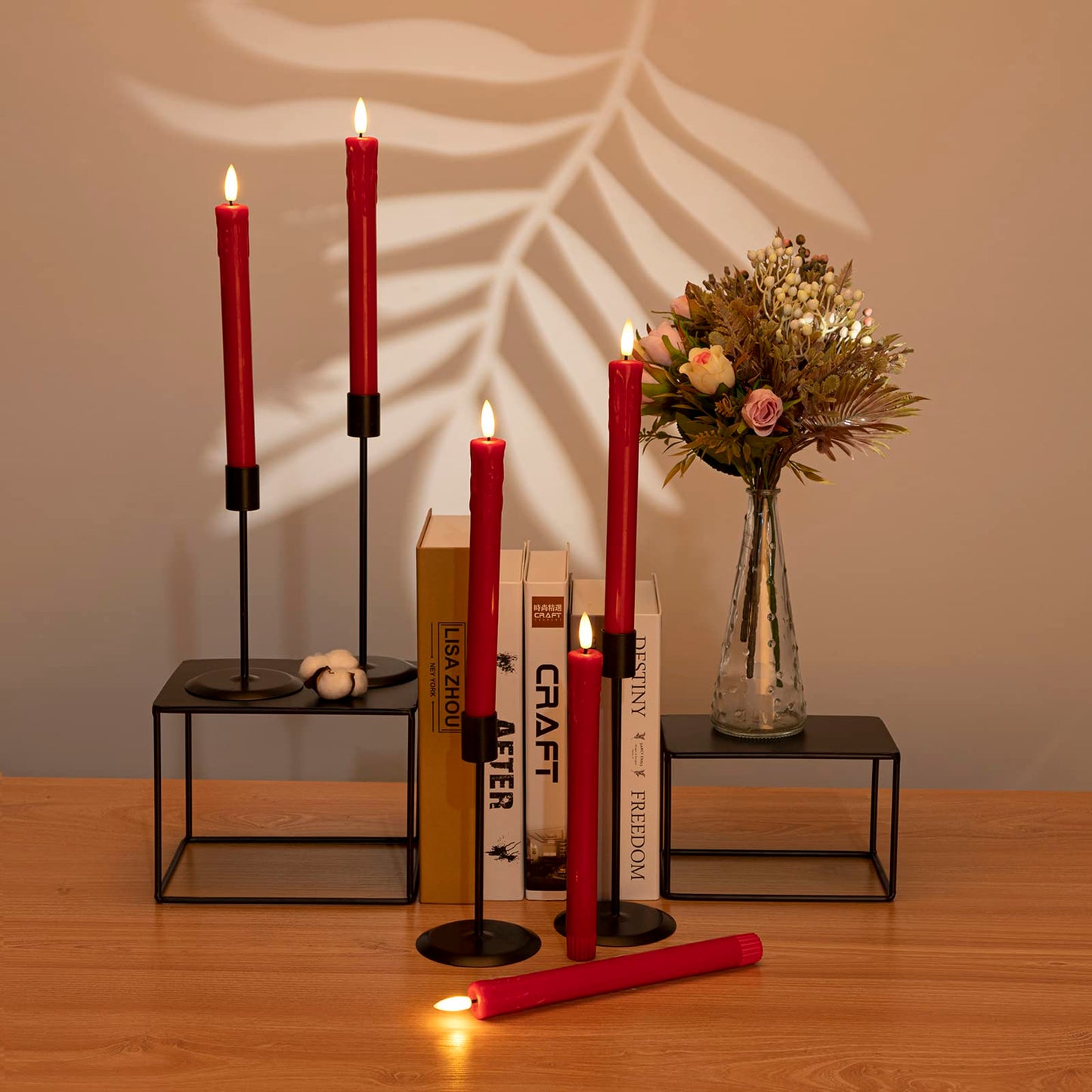 JOIONE Flameless Taper Candles with Remote Timer, 9.6" Red Real Wax Flickering Battery Operated Warm Light Electric LED Candle, Perfect for Christmas Party Wedding Decoration (6 Pack)
