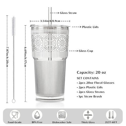 INSETLAN 20oz Ribbed & Floral Glass Tumblers with Lids and Glass Straws, Set of 2 – Iced Coffee Cups, Reusable Drinking Glasses for Water, Smoothies, Tea, and Juice – Perfect for Travel & Daily Use