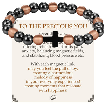 Feraco Pure Copper Magnetic Bead Bracelet for Men Women with Cross, 8mm 99.99% Solid Copper & 3500 Gauss Magnetic Hematite Beads, Unisex Stretch Wristband, Gift-Ready Jewelry
