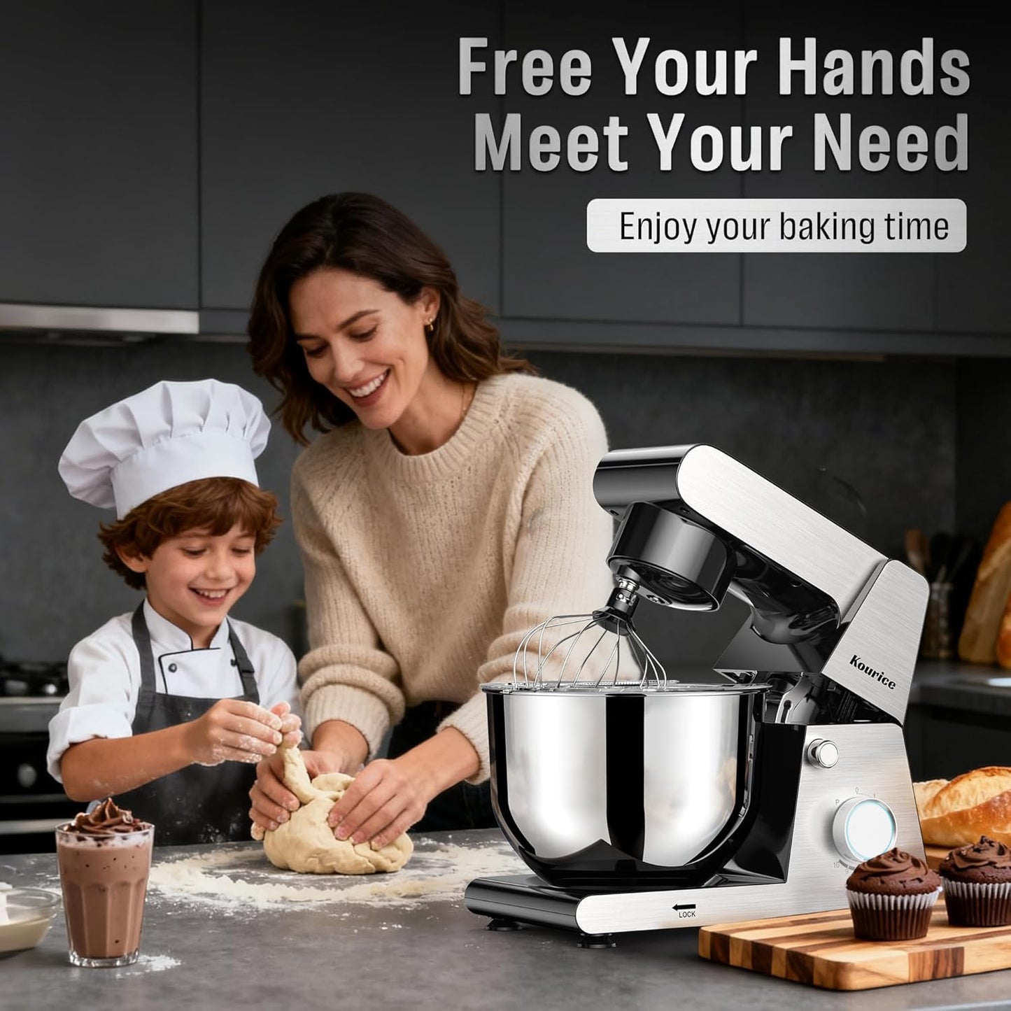 Kourice 6.5QT Tilt-Head Stand Mixer, Heavy Duty Pro 10-Speed Electric Mixer, Stainless Steel Cladding & Bowl with Dough Hook, Wire Whisk and Flat Beater for Home Baking, Bread, Cake, Pizza Dough