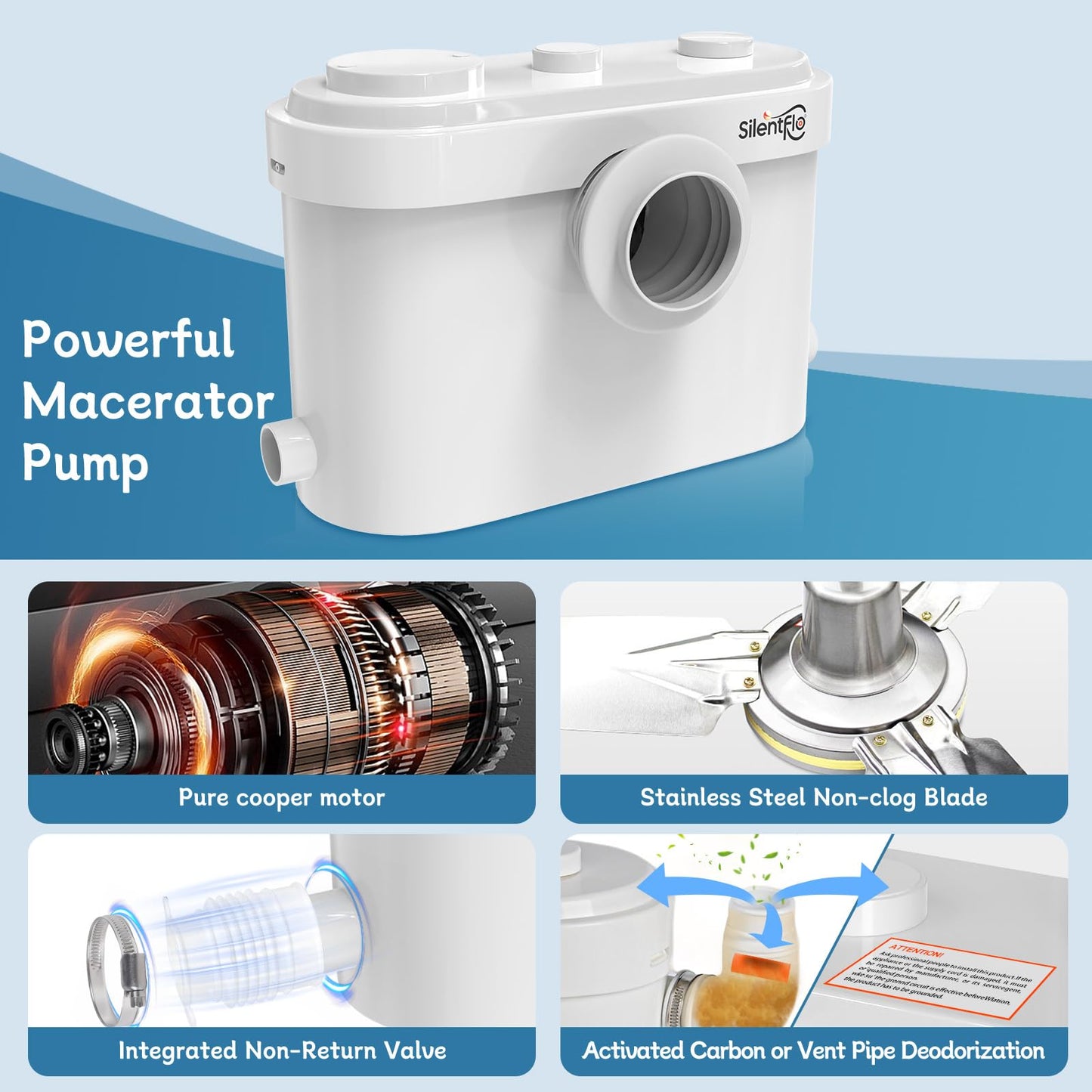 800W Macerator Pump, Advanced Grinding Upflush System, Macerating Toilet Sewerage Pump for Basement, Sink, Toilet, Laundry, Kitchen