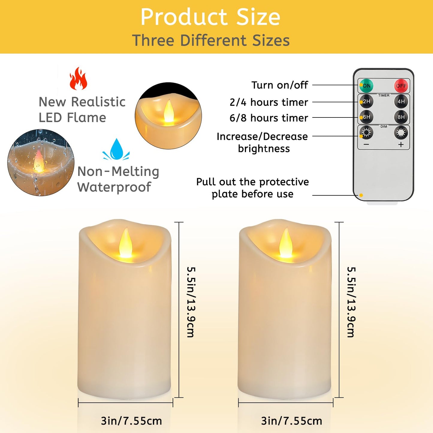 Flameless Candles 3"D X 6"H Set of 12 Outdoor Indoor Ivory Pillars Battery Operated Flickering Candles Include 8-Key Remote Timer Function, Ivory Waterproof Candles for Wedding, Aniversary Decor