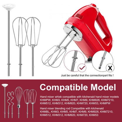 Hand Mixer Attachments Beater, Whisk, Blending Rod and Dough Hooks, Stainless Steel Hand Mixer Accessories Compatible with Kitchenaid Hand Mixers KHM3 KHM5 KHM7 KHM9, Set of 6