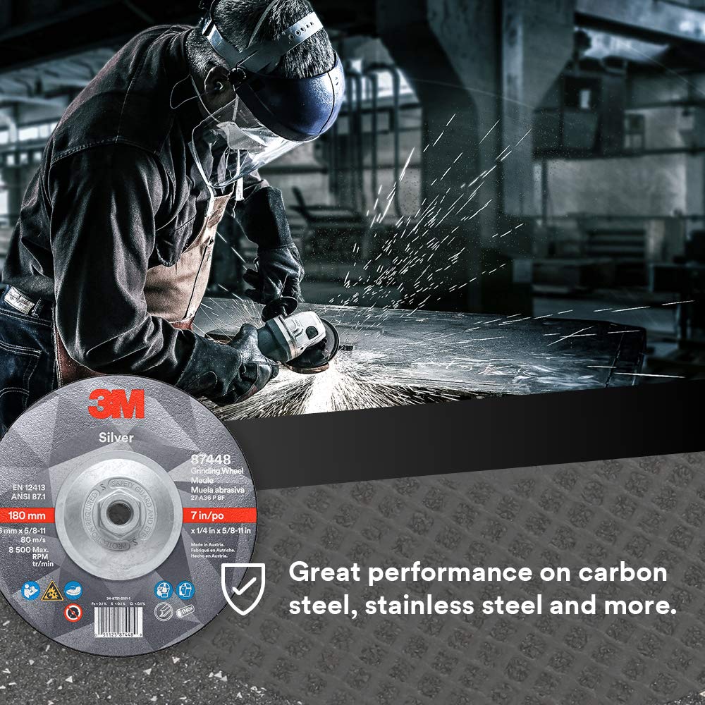 3M Silver Depressed Center Grinding Wheel, 87448, T27 Quick Change, 7 in x 1/4 in x 5/8 in-11, Pack of 10, Deburring Edges, Heavy Stock Removal, Stainless Steel, Mild Steel, Right Angle Grinding