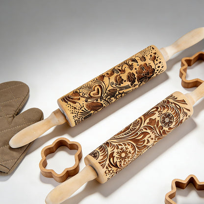2 Pack Wooden Embossed Rolling Pin with Handles, Hardwood Dough Roller with Engraved Patterns, Kitchen Essential for Baking Pizza, Pies, Pastry, Cookies & Decorative Dough