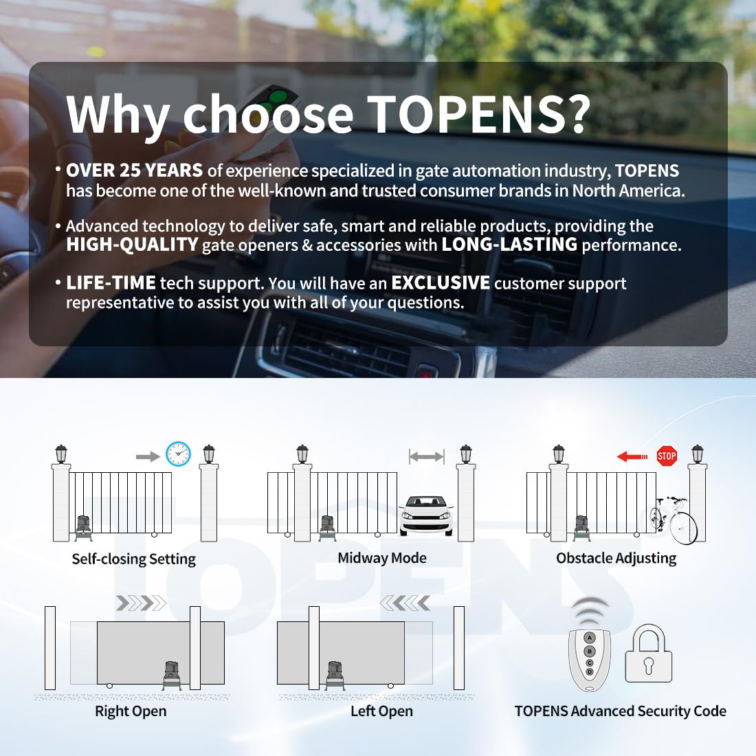 TOPENS CK1200 Automatic Sliding Gate Opener Chain Drive Electric Gate Motor for Heavy Driveway Slide Gate Up to 3400 Pounds, Security Gate Operator AC Powered with 20ft Roller Chain and Remote Control