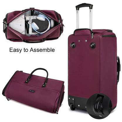 Modoker Rolling Garment Bags, Large Garment Duffle Bag with Wheels, 3 in 1 Garment Suit Luggage Bag for Women Men Business Travel Weekender, Red