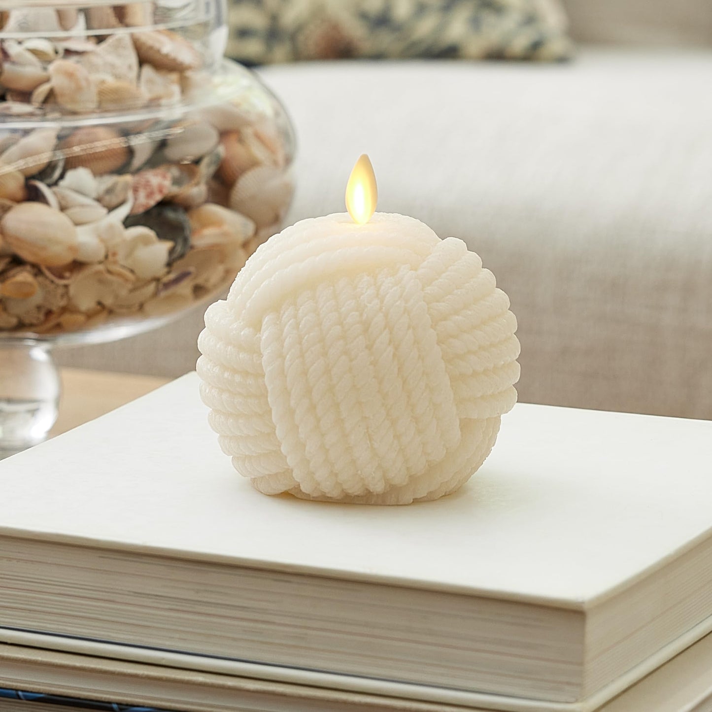 Luminara Moving Flame LED Candle - Unscented Real Wax Chalk Rope Ball - Timer, Flameless Flickering for Home, Centerpiece, Coastal Christmas Decor