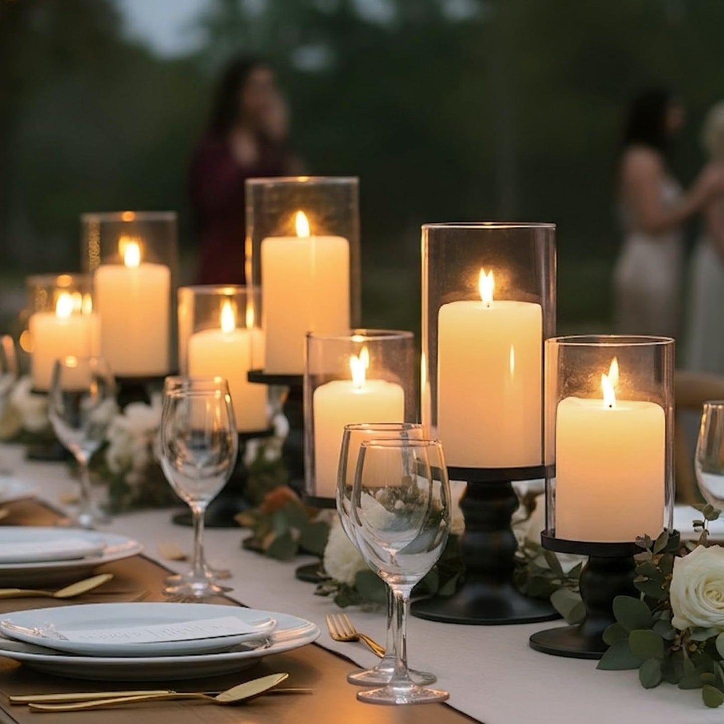 NITIME 4Pcs Hurricane Candle Holder for Pillar Candles, Black Candle Holders with Clear Glass Sleeve for Table Centerpieces,Pillar Candle Holders for Home Decor, Wedding, Holiday and Party Decor