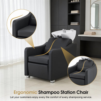 BarberPub Backwash Shampoo Station Chair, Adjustable Porcelain Ceramic Hair Wash Bowl with Chair, Shampoo Station for Barber Shop, Spa Beauty Salon Equipment 9364 (Black)